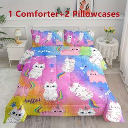 Duvet Cover 3pcs Colourful Cartoon Set, Cute Girls Teens Gifts, All Season, Lovely Cat Quilt Bed Kitten Bedding Set For Bedroom, Rainbow Pink Blue, Breathable, 1 Comforter 2