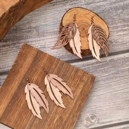 Dangle Earrings Retro Personality Simple For Women Hollow Out Feather Leaf Shaped Combination Metal Wooden Party Accessories