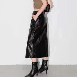 Skirts Retro Genuine Leather Office Lady For Women Cowhide Mid-Calf Skirt Wrap Long Faldas Mujer Mid Length Pocket