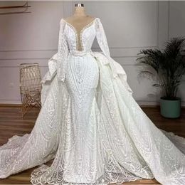 Dresses Gown Bridal Wedding Mermaid With Oversklirt Jewel Neck Long Sleeves Tulle Lace Applique Beading Custom Made Plus Size Vestidos De Novia