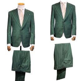 Wedding Suits Stripe Two Pieces Tuxedos Men Fashion Casual Fit Suit Jacket Two-Button Customized Peaked Lapel Pockets Bridegroom Groomsman Coat Pants -Button