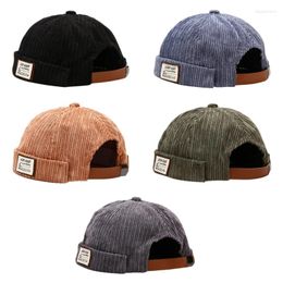 Berets Round Top Brimless Corduroy Unisex Adjustable Hip Hop Beanie Hats With Cloth Sticker & Leather Made Adjusting Strip