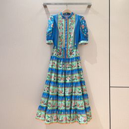 Womens Dress Fashion band blue cotton short sleeve stand collar floral printed midi dress