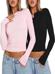 Women's T-Shirt Pink long sleeved T-shirt for womens 2024 summer cute white crop top womens shoulder strap sexy slim fit O-neck basic T-shirt Y2k topL2405