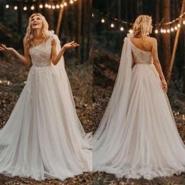 Country Wedding Bridal 2021 Dresses Gown One Shoulder A Line Tulle Lace Applique Beaded Sweep Train Custom Made Plus Size Vestidos De Novia pplique