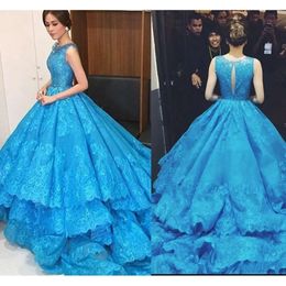 Dresses 2021 Blue Lace Evening Applique Tiered Beaded Crystals Scoop Neck Sleeveless Custom Made Birthday Party Prom Ball Gown Vestido