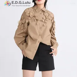 Women's Blouses EDGLuLu Spring Fashion Design Three-Dimensional Flowers Coffee Women Casual Female Turn-Down Collar Loose 0330