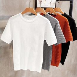 Men's T Shirts Fashion Slim Fit Knit Bottom T-shirts Men Casual Solid Color Short Sleeve Crew Neck Knitted Pullover Knitwear Leisure Tees