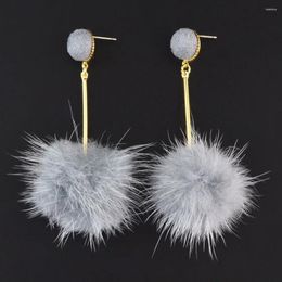 Dangle Earrings Bohemian Gold Colour Plush Fur Ball Pompom Feather Stud For Women Girl 2024 Winter Hanging Jewellery Accessories