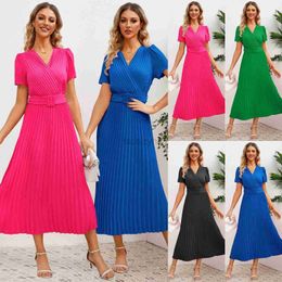 Basic Casual Dresses Designer Dress Pleated waist closure for slimming temperament women's summer new V-neck dress long pleated skirt Plus Size Long skirt