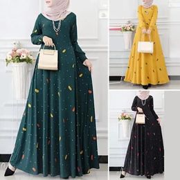 Ethnic Clothing Muslim Leaf Pattern Long Sleeve Dress For Women Casual Bohemian Polka Dot Print Holiday Full Length Abayas Dubai