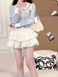 Work Dresses College Navy Collar Shirt Cake Skirt Two Piece Set Women Fashion Lace Splice Stripes Sweet Slim Spring Korean Spicy Suit