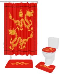 Curtains Dragon Red Background Shower Curtain NonSlip Rugs Toilet Lid Cover and Bath Mat Bathroom Curtains with Hooks