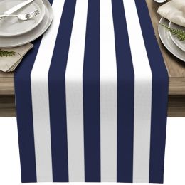 Pads Navy Blue White Stripes Table Runner Home Wedding Flag Mat Centerpieces Decoration Party Dining Long cloth