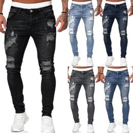Men's Jeans 5 Colours Mens Ripped Distressed Hole High Street Classic Black Blue Grey Denim Pants Splice Slim Pencil 220J