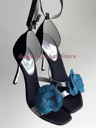 Dress Shoes 2024 Genuine Leather Round Toe Flower Decoration Cover Heel Ankle Buckle Sandals Summer Comfortable Breathable