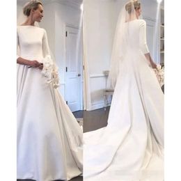 A Dresses Elegant 2020 Line 3/4 Long Sleeves Bateau Neckline Covered Buttons Back Custom Made Satin Wedding Gown Vestido De Novia