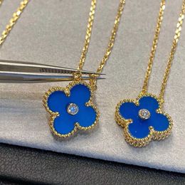 Fashion Van Christmas Blue Agate Clover Necklace 925 Sterling Silver Plated 18K Gold Classic Diamond Lucky Grass Pendant With logo