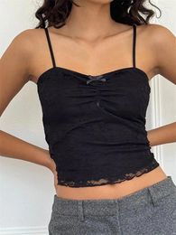 Women's Tanks Doury Women Lace Camisole Slim Fit Front Ruched 3D Bow Flower Spaghetti Strap Tank Crop Tops For Summer Mini Vest