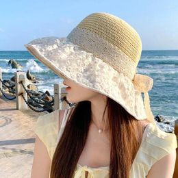 Berets Women Summer Straw Hat Sunscreen Sun Hats Flower Lace Bow Decoration Elegant Large Brim Beach Ribbon Bucket