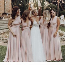 Shoulder One Bridesmaid Pink Dresses Deep V Neck Floor Length Lycra Custom Made Plus Size Maid Of Honor Gown Beach Wedding Vestido Formal Evening Wear estido