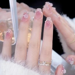24pcs Wearable Pink Press On Fake Nails Tips With Glue false nails design Butterfly Lovely Girl Wearing Tools y240423