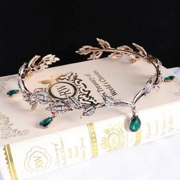 Headbands KMVEXO Vintage Black Emerald Green Fairy Crown Headpiece Crystal Leaf Elf Headpiece Bandana Womens Clothing Wedding Hair Accessories Q240506