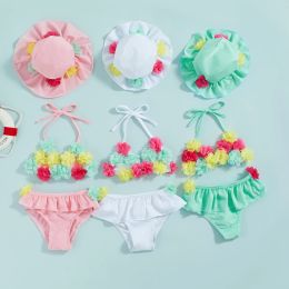 Swimwear Citgeett Summer Infant Girls Swimsuits Flower Halter Neck Tops Ruffles Shorts Hat Bikini Split Swimwear Clothes Set