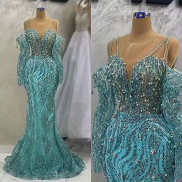 Sleeves Dresses Tulle Beaded Evening Long Mermaid Sequins Jewel Neck Ruffles Floor Length Plus Size Prom Gown Formal Custom Vestidos