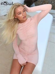 Casual Dresses Habbris 2024 Autumn Sweet Pink Pleated Short For Women O-Neck Sheath Ruched Mini Dress Long Sleeve Sexy Black