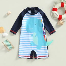 Swimwear Kid Children Swimsuit 3/4 Sleeves Round Neck Cartoon Dinosaur Stripes Print Summer Beach Girls Boys Swimwear