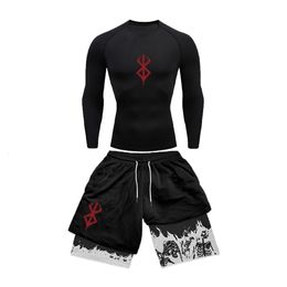 Mens Compression Suit Tight Long Sleeve Anime Double Layer Shorts Sports Casual Fashion Summer 240430