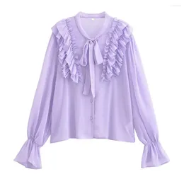 Women's Blouses Shirt With Purple Ruffle Edge Design Collar Tie Up Fashionable Temperament Single Breasted Long Sleeved Top