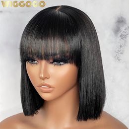 Wiggogo 3X1 Middle Part Lace Wig Short Bob Wigs Glueless Human Hair Ready To Wear And Go Straight With Bangs 240419