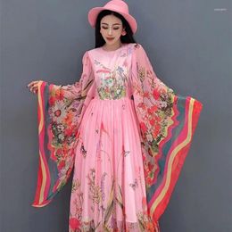 Casual Dresses Chinese Style Printing Spring Dress Flare Sleeve Pullovers Women Chiffon Long For Party Vestido De Mujer