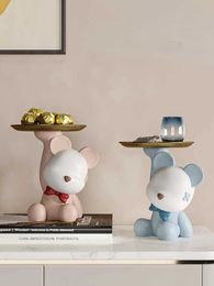 Decorative Objects Figurines Kawaii Bear Tray Modern Home Decoration Resin Statue Bear Sculpture Storage Animal Model Keys Candy Fruit Tray Desktop Decor T240505