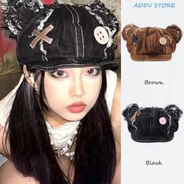 Berets Women's Vintage Distressed Doll Bear Cowboy Octagonal Hat Y2K Button Elements Ears Beret
