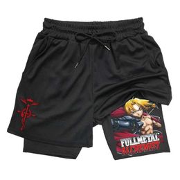 Men's Shorts Anime Fullmetal Alchemist Gym Workout Shorts for Men 2 in 1 Compression Shorts with Pockets 5 Inch Quick Dry Running FitnessL2405