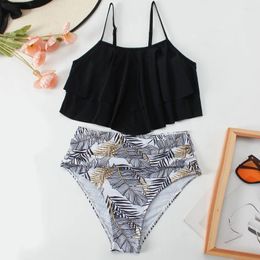 Women's Swimwear High Waisted Bikini Scoop Neck Botanical Print Black And White Swimsuit Two Pieces Bathing Suit