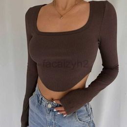 Women's T Shirt sexy Tees 2024 Solid Colour Women's Short Knitted Top Square Neck Spring and Autumn Wrap Top Irregular Hem tops