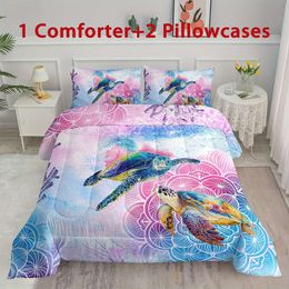 Duvet Cover 3pcs Set, Beach Twin Bedding Sets, For Girls Adults Women Rainbow Aqua Blue Sea Turtle Comforter, Tortoise Mandala Quilt Sets With 1 Comforter 2 Pillowcases