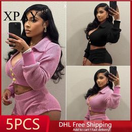 Women's Tracksuits 5pcs Wholesale Bulk Items Lots Sexy Button Up Low Cut Shorts Suit Knit Short Sets For Women 2 Pieces Outfits Long Sleeve