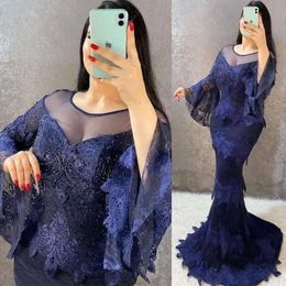 Mermaid Plus vestidos Tamanho da noite com mangas de poeta comprido Cristais de contas com renda de renda com o vestido de festas de baile de formatura personalizada OCN Wear vestidos