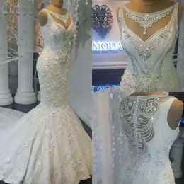 Gown Bridal Wedding Dresses Mermaid Sweep Sleeveless Train Applique Beaded Custom Made Illusion Plus Size Scoop Neckline Robe De Mariee