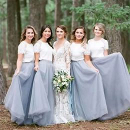 Mavi Dree hattı ve beyaz bridemaid mücevher boyun zemin uzunluğu tül dantel kısa kollu cutom yapımı plu boyutu ülke plaj düğün hizmetçisi onur elbisesi
