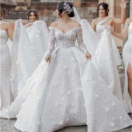 Dresses Brial Crystals Wedding Gown Elegant 2021 Off The Shoulder Long Sleeves With 3D Floral Lace Applique Chapel Train Custom Made Vestidos De Novia