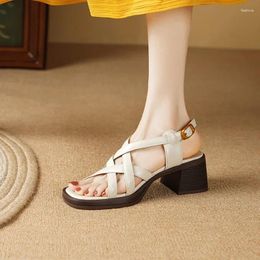 Sandals 2024 Summer Women Natural Leather Shoes 22-24.5cm Cowhide Sheepskin Pigskincross-tied Thick Heel