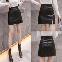 Skirts Small Leather Skirt Women's Spring And Autumn Chic Charming High Waist Slimming A- Line Hip Slit Black Short S