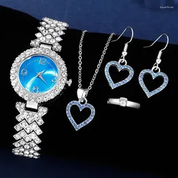 Wristwatches Women's Quartz Watch Blue Butterfly Women Ring Necklace Earring Rhinestone Fashion Wristwatch Casual Ladies Watches Jewelry Set