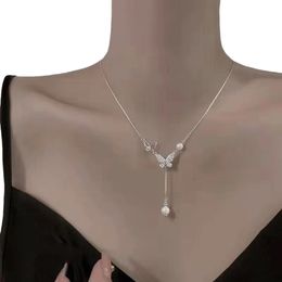 Shiny Crystal Butterfly Pendant Necklace Zircon Exquisite Pearl Clavicle Chain Necklace For Women Wedding Party Jewellery Gift